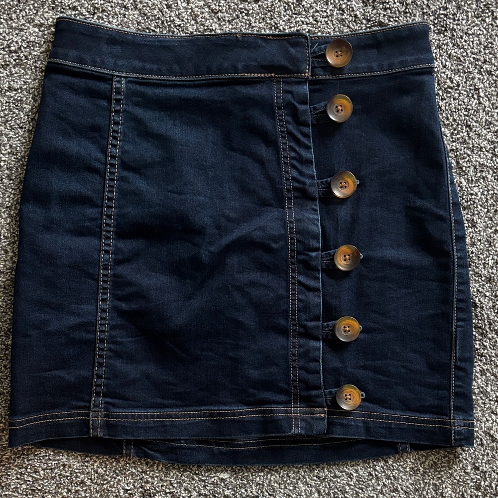 Free People Navy Button-Front Denim Mini Skirt